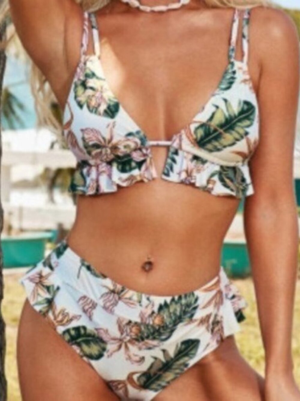 Bundle to Save! High Waisted White, Brown & Green Leaf Print Bikini Swim Suit